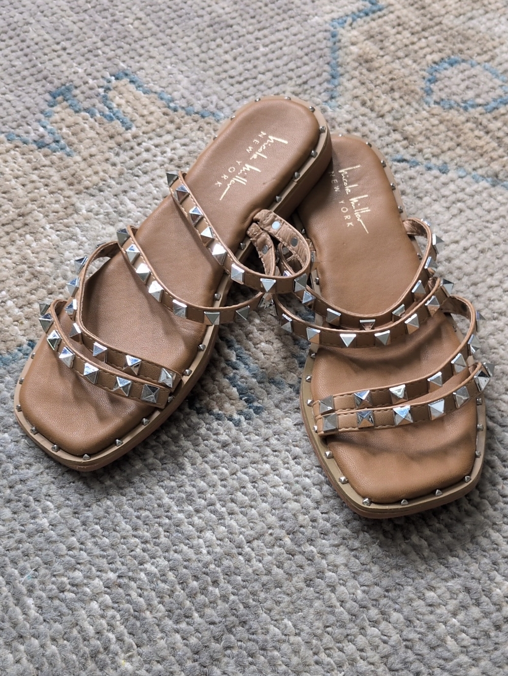 Nicole Miller Tan Leather Slide Sandals with Silver Pyramid Studs